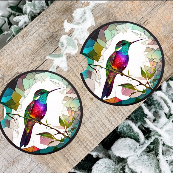 Handmade Perched Hummingbird Car Coasters | New Set Of Two Car Coasters - Picture 1 of 4